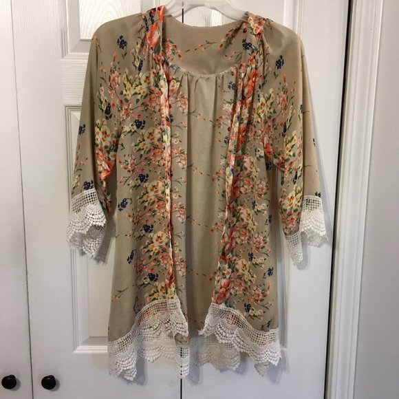 Tan And Floral Sheer Cardigan With White Eyelet Hem - Picture 1 of 5
